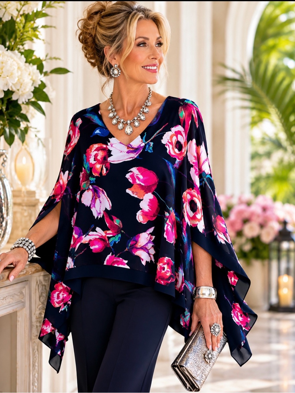 Joseph Ribkoff Floral Layered Poncho Blouse/Cape Overlay V-Neck Size 6